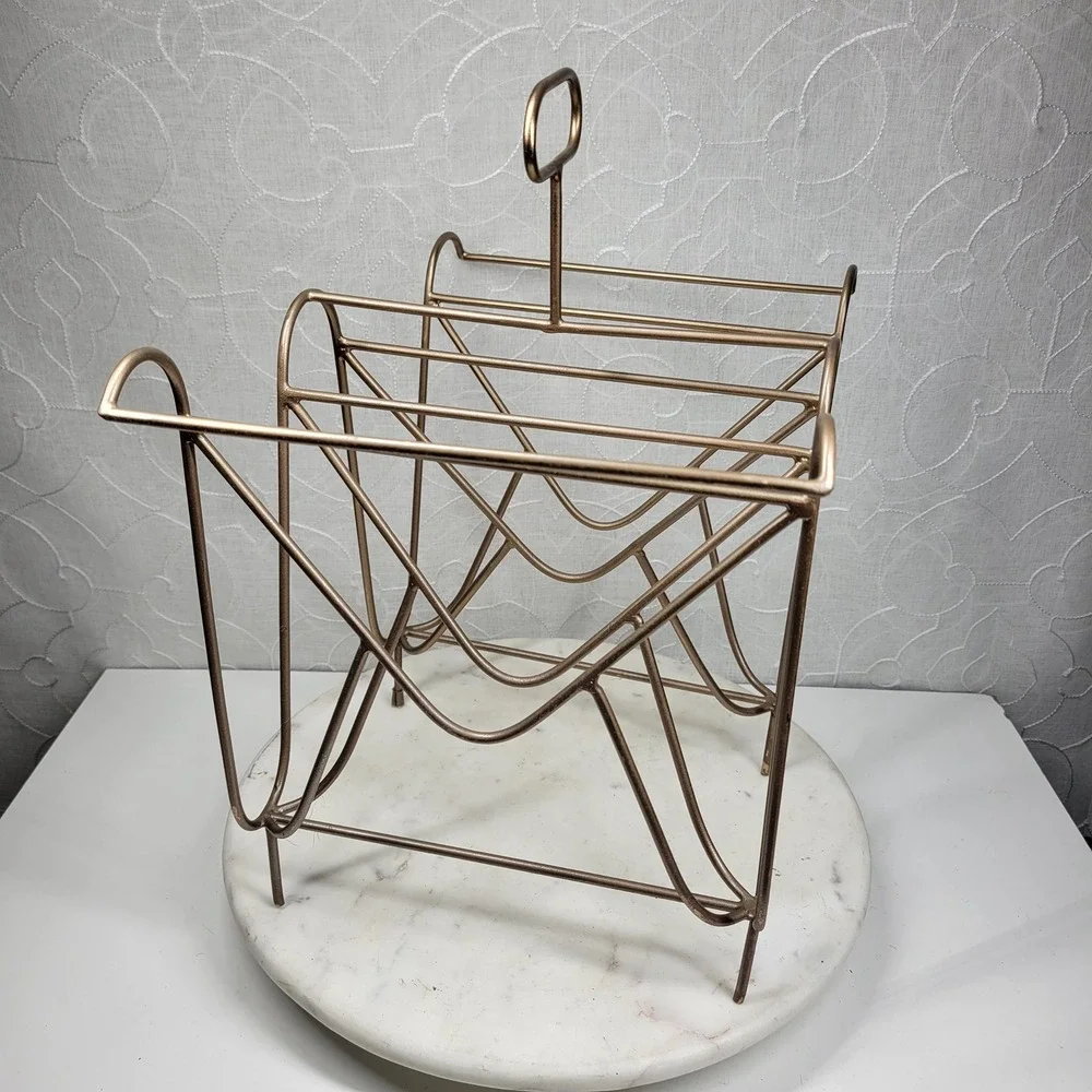 VTG Scandinavian Modern Metal Magazine Rack Brass Tone Geometric MCM Organizer